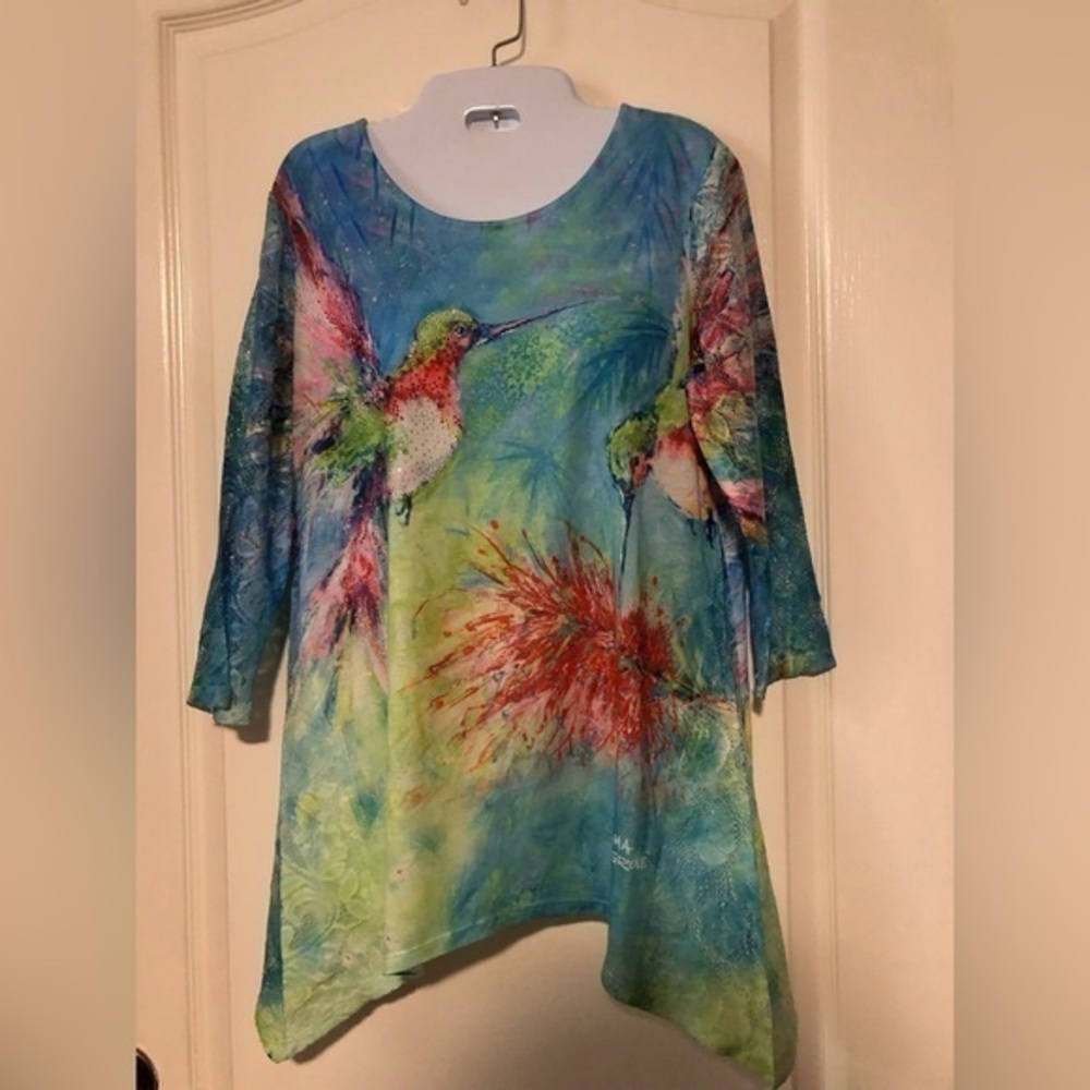 Leoma Lovegrove Hummingbird Shirt with Lace and Rhinestones.
